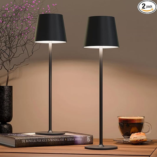 uuffoo 2 Pack Rechargeable Table Lamp Battery Operated Cordless Table Lamps with 3 Colors Stepless Dimming, Desk Night Light for Restaurant, Patio, Bedroom, Bar (Black)