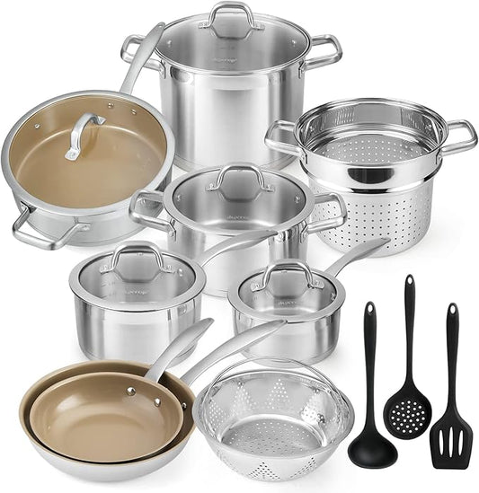 Duxtop 17PC Professional Stainless Steel Induction Cookware Set, Stainless Steel Ceramic Nonstick Pan Set, Impact-bonded Technology, FUSION Titanium Reinforced Ceramic Coating, Brown