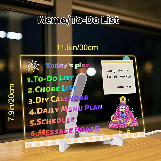 Led Note Board with Colors, 11.8 X 7.9” Acrylic Dry Erase Board with Light, Acrylic Lighted Memo Board with Adjustable Stand, LED Light-Up Message Note Board with 12 Pen for Office School Home
