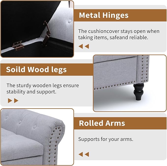 Storage Ottoman Bench with Arms, Linen End of Bed Bench for Bedroom, Button Tufted Storage Bench for Entryway, Living Room,Hallway, Large Storage Bench Foot Rest (New Grey)