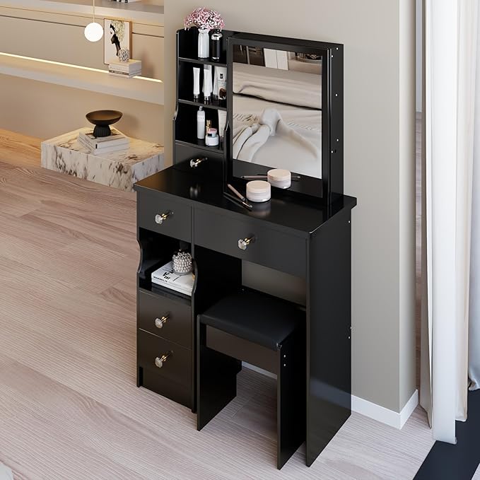 KEIKI Vanity Desk with Mirror & Cushioned Stool, 29.2'' Makeup Dressing Table Set with 5 Drawers for Tiny Bedrooms, Dorms, Apartments,Balck
