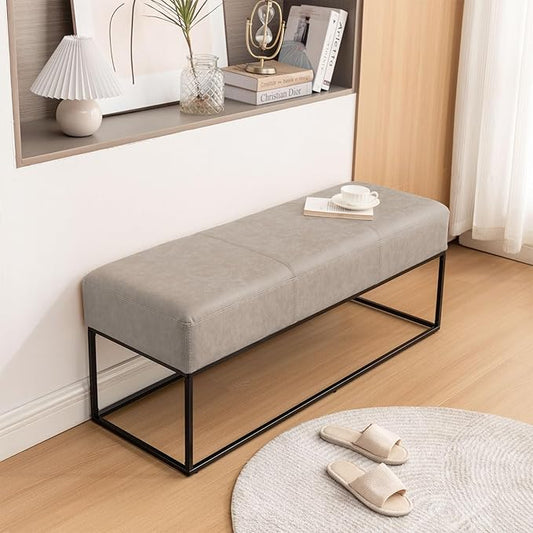 Leather Entryway Bench, Modern Long Leather Ottoman Bench Seat with Metal Frame, 47'' Upholstered Bedroom Bench for Living Room Entryway Window, Taupe