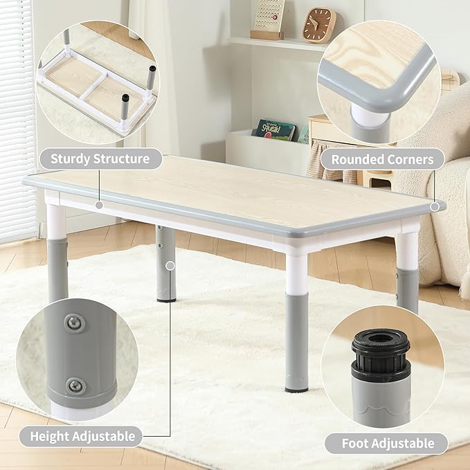 Kids Table and 4 Chairs Set, Height Adjustable Toddler Table and Chairs Set with Rubber Foot Covers, Graffiti Desktop Children Activity Table for Ages 2-10, Daycare, Classroom