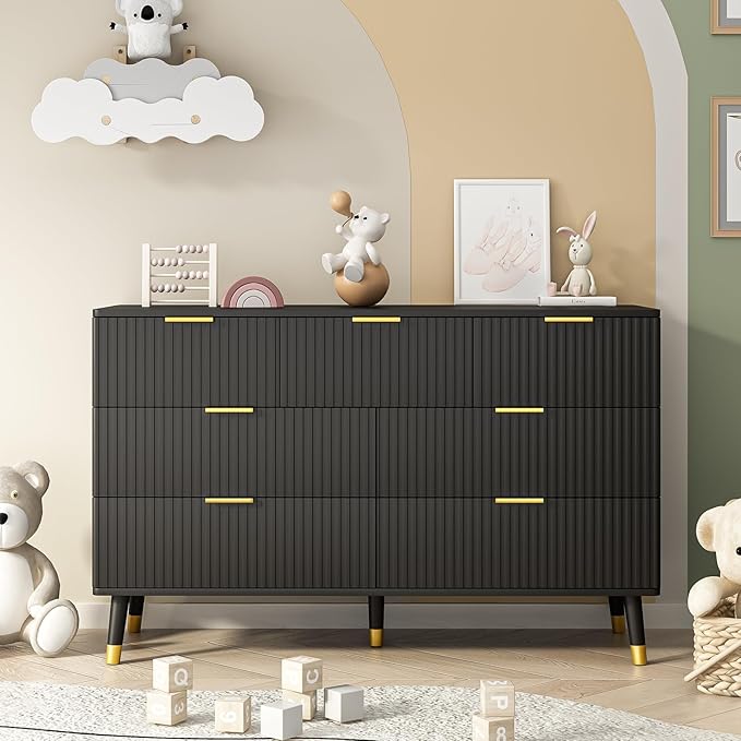 Black Dresser for Bedroom, Fluted 7 Drawer Dresser with Gold Metal Handles, Modern Wood Chest of Drawers for Living Room, Black