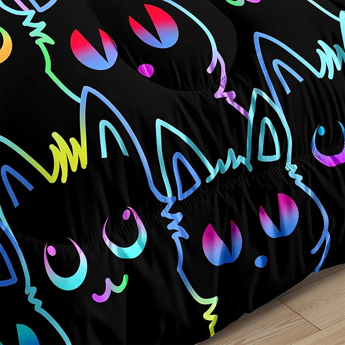 Cats Full Size Comforter Set for Girls - Cartoon Cats Bedding Set for Girls Room Lovely Cats Pattern Girls Bedding Set Soft Breathable Cats Comforter with 2 Pillowcases for All-Season
