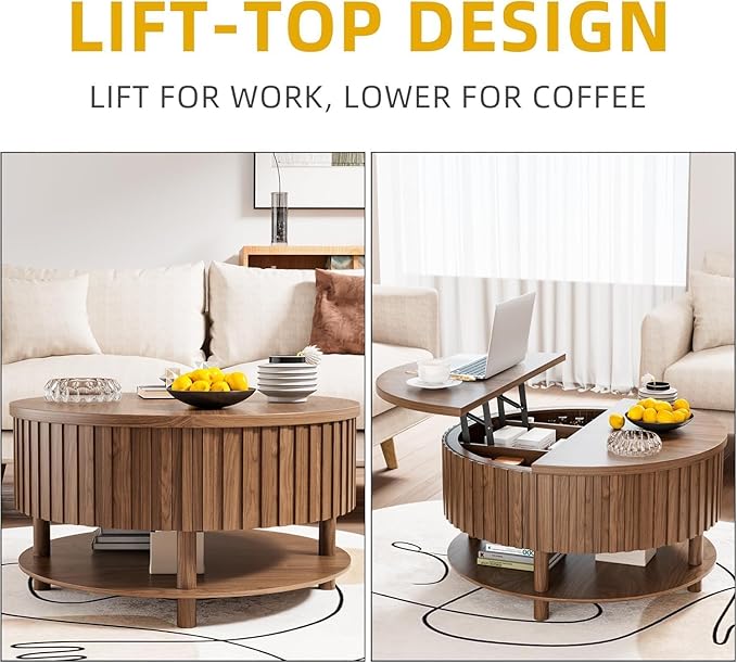 Round Lift Top Coffee Table with Storage, 31.5'' Modern 2-Tier Coffee Table with Hidden Storage Compartment and Open Shelf, Fluted Center Table for Living Room Home Office (Walnut)