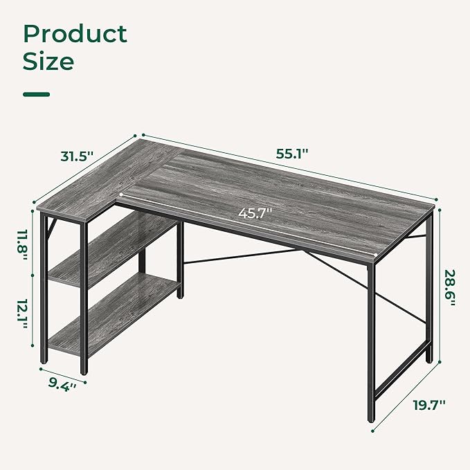 Huuger L Shaped Desk, 55 Inches Computer Desk with Reversible Storage Shelves, for Gaming Corner Home Office Writing Study, Metal Frame, Gray