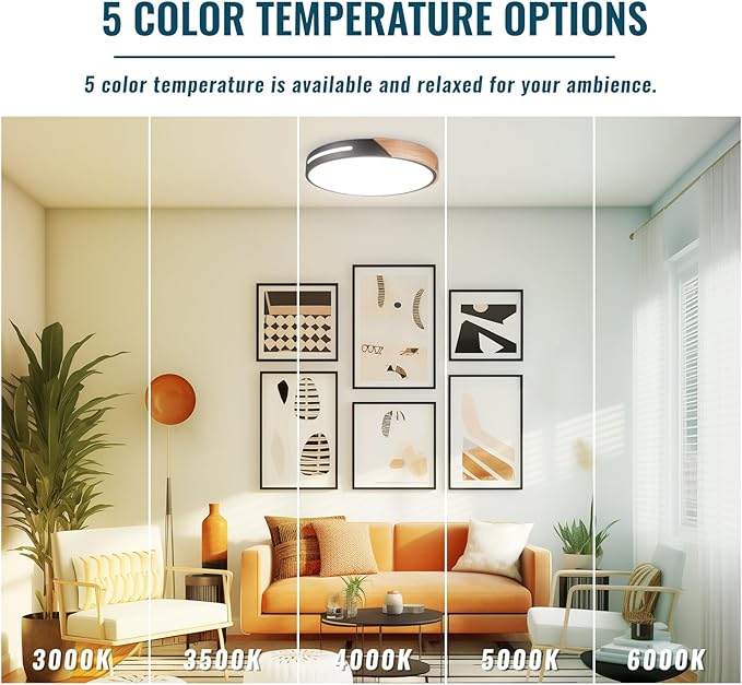 Wood Ceiling Light Flush Mount LED 36W 2Pack, 16 inch Flush Mount Black 5CCT, Kitchen Light Fixtures Ceiling Mount, Dimmable Close to Ceiling Light for Bedroom, Living Room, Bathroom