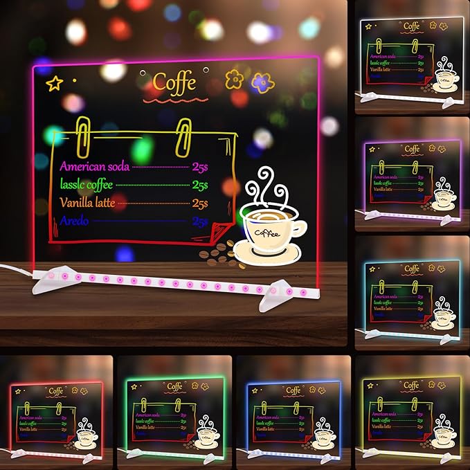 LED Note Board with Colors, 13.7"X10" 4 Modes & 7 Colors Acrylic Dry Erase Board with Light, Include Adapter, Hanging Chain, Led Drawing Board for Kids with Stand, 7 Markers, Spray Bottle ﻿