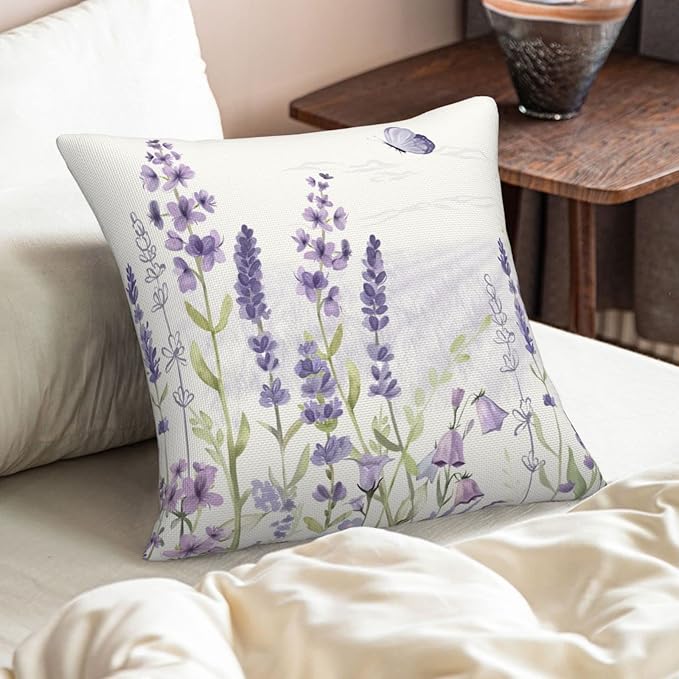 Spring Lavender Pillow Cover 16x16 Inch Set of 2, Purple Flowers Throw Pillow Covers Summer Watercolor Floral Decorations Linen Cushion Covers Farmhouse Home Decor for Sofa Couch Outdoor