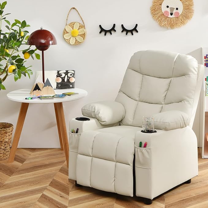 GLACER Kids Recliner Chair w/Cup Holder & Side Pockets, Children Recliner w/Comfortable Backrest, Armrests & Footrest, Toddler PU Leather Recliner for Boys Girls, 3+ Age Group (Beige)