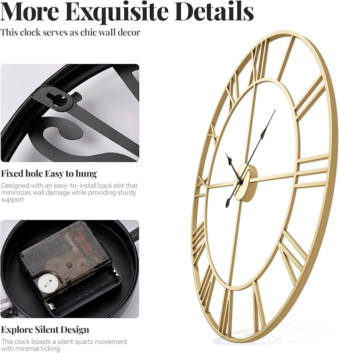 Gold 30 Inch Extra Large Wall Clock for Living Room Kitchen Mantel, Battery-Operated Metal Roman Number Round Decorative Big Clock for Bedroom, Silent Non-Ticking