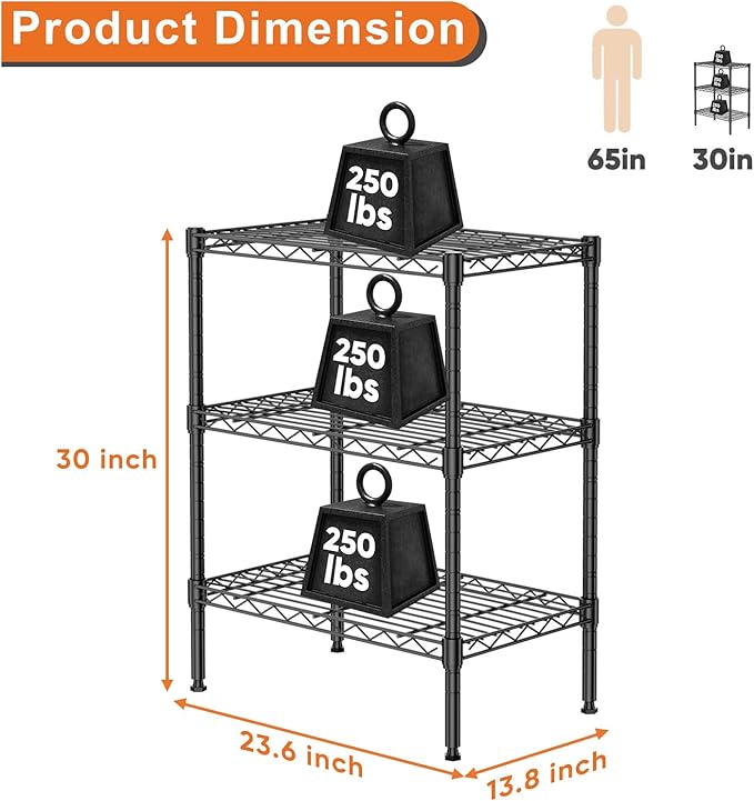 Sweetcrispy 3-Shelf Storage Shelving Unit, Adjustable Metal Wire Racks Heavy Duty Standing Shelf Organizer for Kitchen, Closet, Pantry, Garage, Bathroom, Laundry (13.8" D x 23.6" W x 30" H)