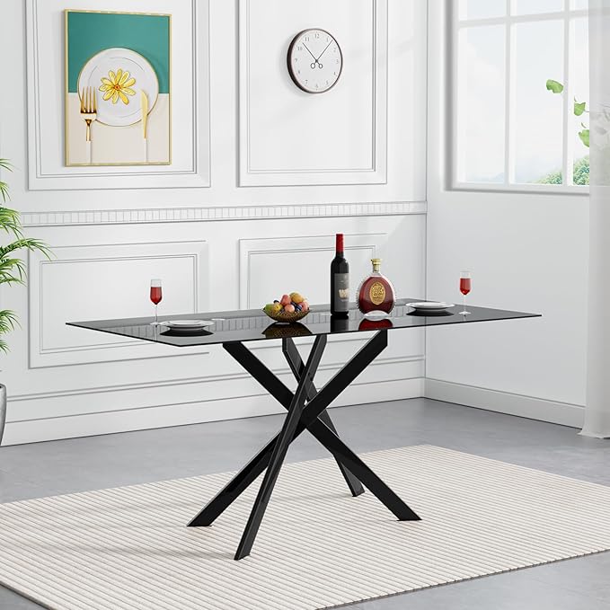 Goujxcy Modern Black Glass Dining Table Set for 6, Glass Kitchen Table and Chairs Set of 6, 7 Piece Dining Table Set with 51" Rectangle Dinner Tables and 6 PU Leather Dining Chairs