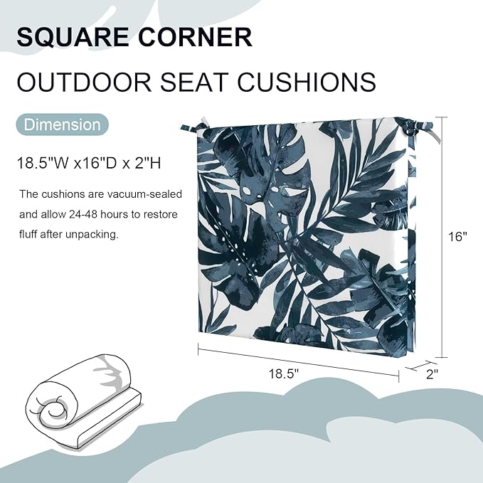 Set of 2 Outdoor Square Chair Cushions 18.5"x16"x2" for Patio, Water Resistant Patio Dining Seat Pads Replacement for Kitchen Garden and Outdoor Furniture Decoration - Palm Blue