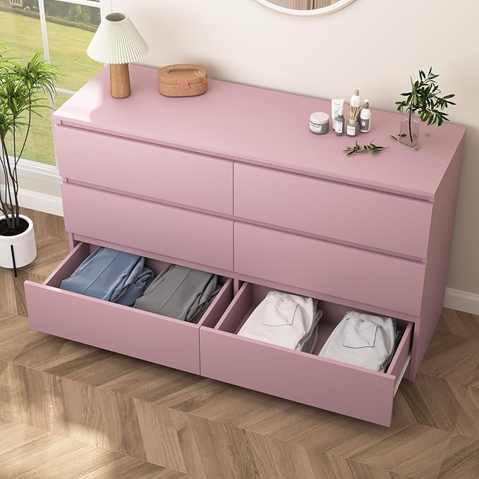 Pink Dresser for Bedroom, Modern 6 Drawer Dresser with Deep Drawer,Wide Storage Chest of Drawers, Bedroom Storage Organizer Furniture,TV Stand for Living Room