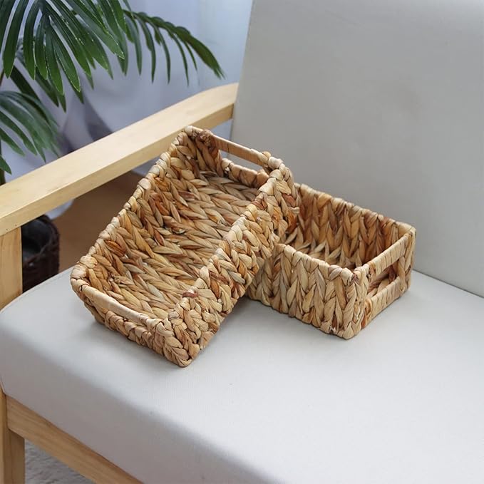 YAHUAN Woven Water Hyacinth Baskets for Organizing, Rectangular Wicker Baskets with Built-in Handles, Small Storage Baskets for Shelves, Kitchen, Make-Up,Toilet Tank Paper(Water Hyacinth 2-Pack)