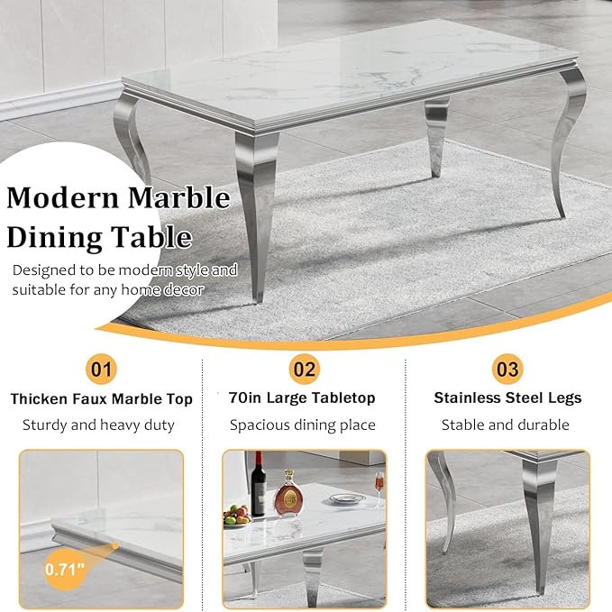 Goujxcy 70" Marble Dining Table Set for 6, Modern 7 Piece Dining Room Table Set with White Faux Marble Dining Table & 6 Grey Velvet Upholstered Chairs, Luxury Silver Kitchen Table Chairs Set of 6