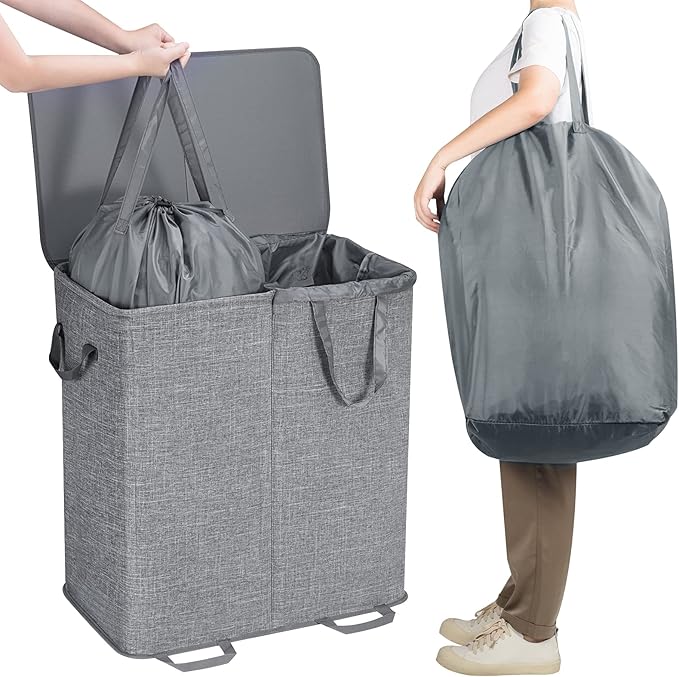 Lifewit Double Laundry Hamper with Lid and Removable Laundry Bags, Large Collapsible 2 Dividers Dirty Clothes Basket with Handles for Bedroom, Laundry Room, Closet, Bathroom, College, 136L Grey