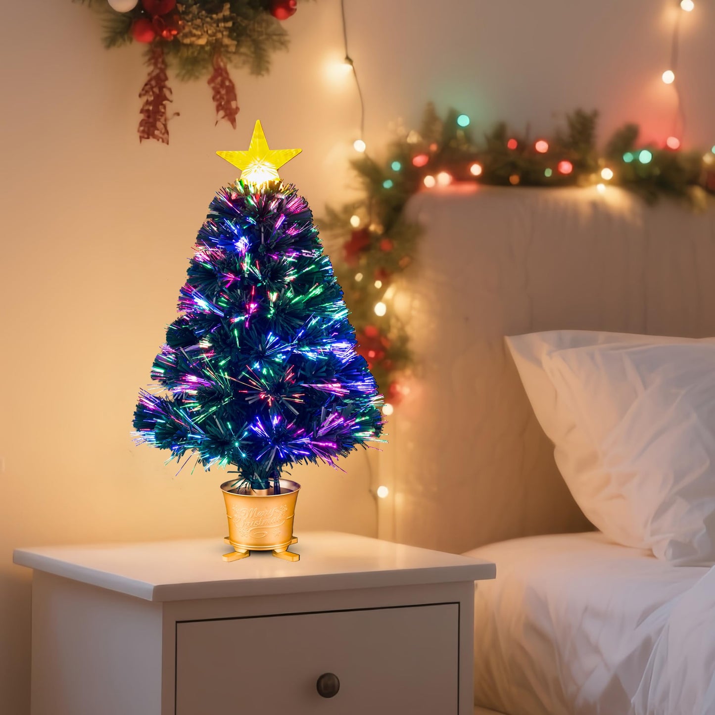 YUETJIN 24inch Pre-lit Mini Fiber Optic Tabletop Artificial Christmas Tree，Small Xmas Tree with Stars Decorations-Gold
