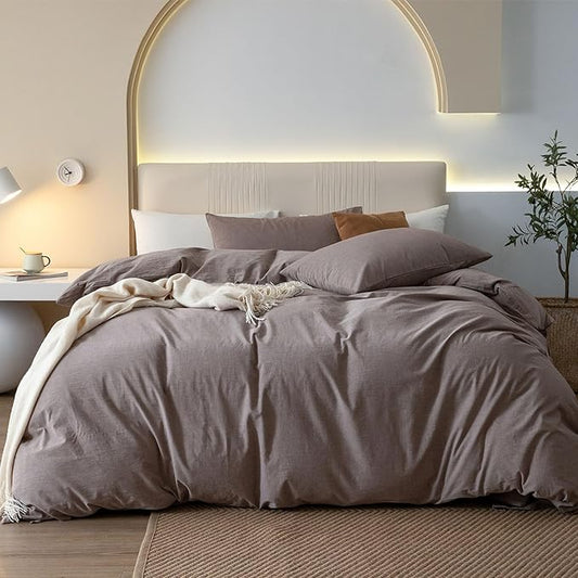 JIYUAN 100% Washed Cotton Duvet Cover Set 3 Pieces Full, 1 Duvet Cover 80x90 Inches(Comforter Not Included) and 2 Pillowcases,Linen Feel Bedding Set Comfy and Breathable, Heathered Mauve Brown