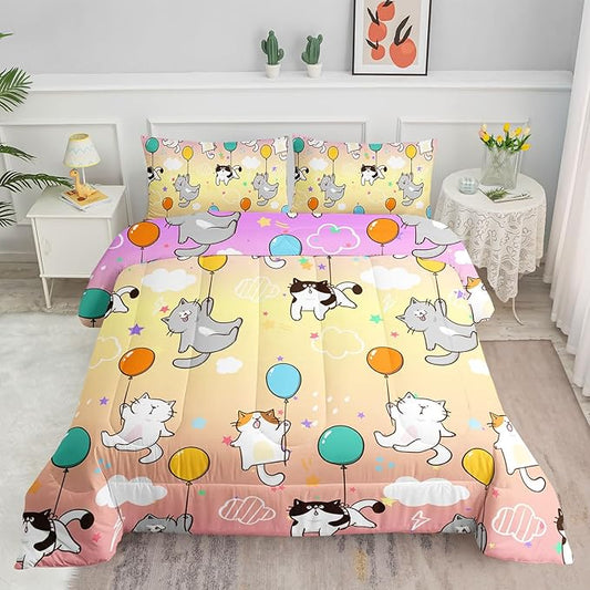 Kids Comforter Set Cute Cats Printed Pattern Bedding Set with 1 Comforter and 2 Pillowcases for Girls Boys Bedroom All Season(Cat1 Twin)