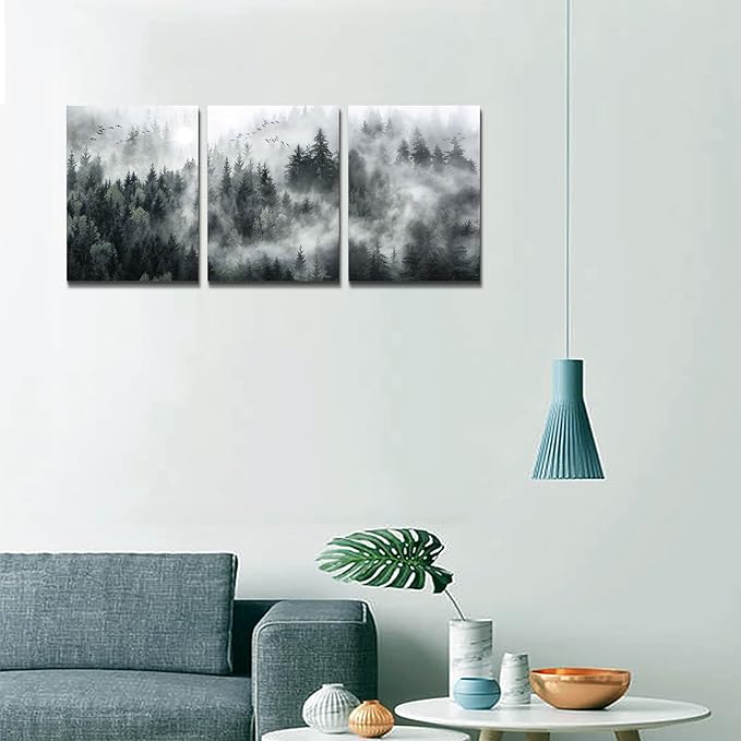 Canvas Wall Art For Living Room Modern Wall Decorations For Bedroom Foggy Forest Trees Landscape Wall Painting Office Wall Decor Canvas Prints Home Decor Ready To Hang Wall Pictures 16"X24"X3 Panels