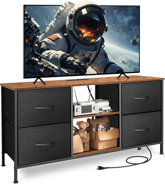 TV Stand for Bedroom, Television Stand for TV up to 46 Inch Entertainment Center Dresser with 4 Drawers Open Storage Shelves for Living Room, Entryway (Black and Rustic Brown)