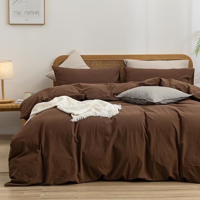 BESTOUCH Duvet Cover Set 100% Washed Cotton Linen Feel Super Soft Comfortable Chic Lightweight 3 PCs Home Bedding Set Solid Cocoa Brown Oversized Queen