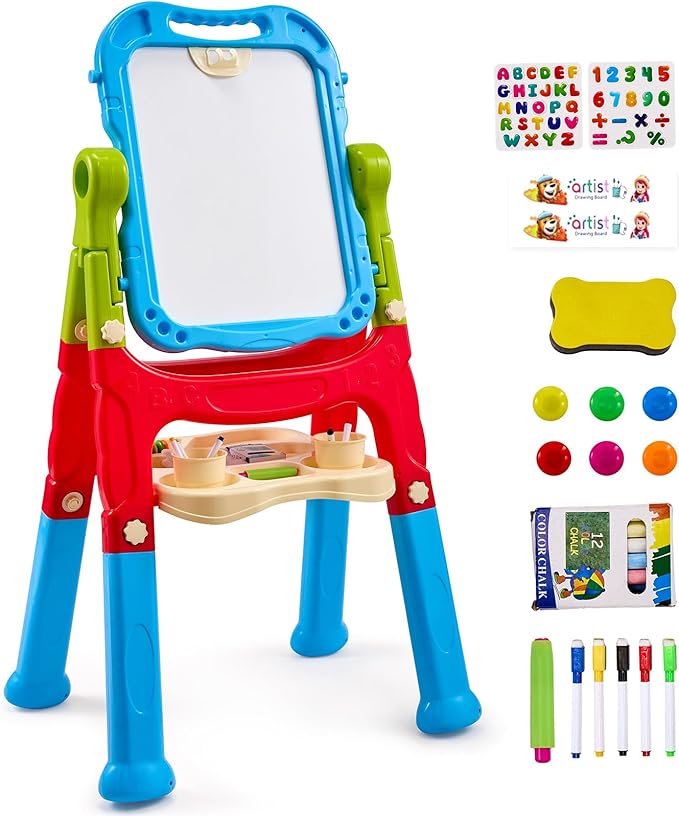 VEVOR Art Easel for Kids, 2-in-1 Double-Sided Kid's Art Easel with Magnetic Whiteboard & Chalkboard, Adjustable Standing Rotatable Removable Drawing Board with Painting Accessories for Boys and Girls