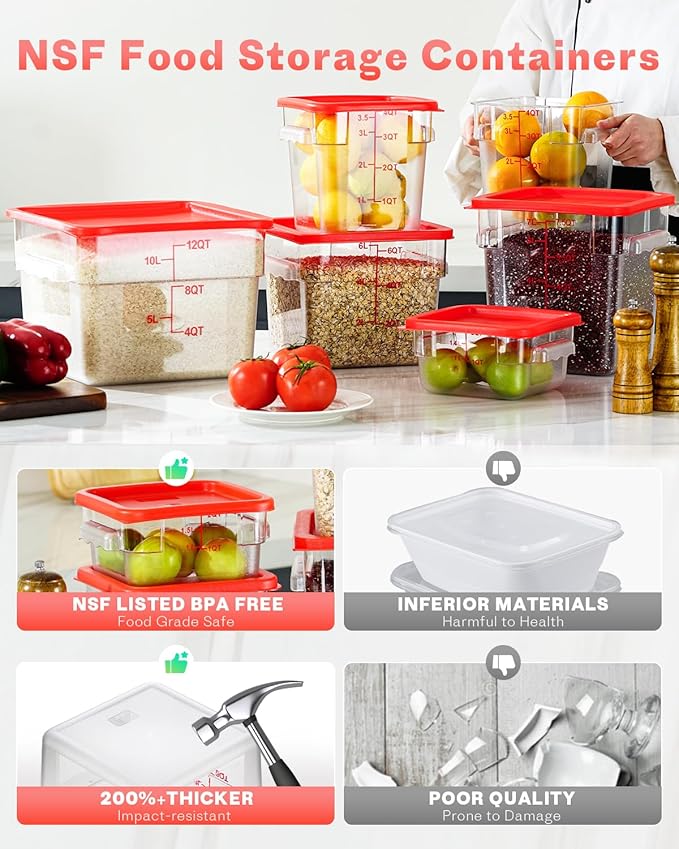 2QT NSF Food Storage Containers: 6 PCS [Food Grade][Hot&Cold Resistant] Commercial Clear Square Food Storage Containers with Scales Handles for Home Restaurant Kitchen Proof Dough(BPA FREE)