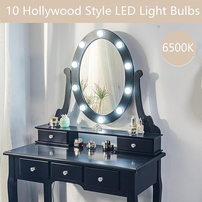 Vanity Desk, Vanity Mirror with Lights and Table Set with 5 Drawers, Wood Makeup Dressing Table with Oval Mirror & Stool for Bedroom Women Girls，Black