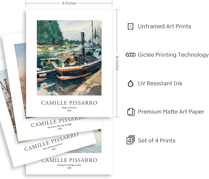 EVOLE HOME Camilie Pissarro Art Prints, Set of 4 Wall Art, Unframed 8x10 Art Prints, Giclée Prints, Impressionism Art Poster for Home Decor, Office Wall Decor, Gift for Men, Women