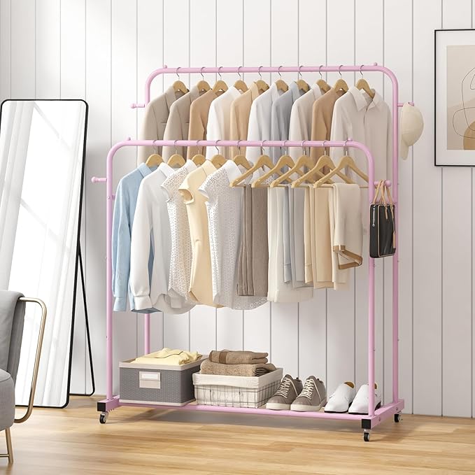 Laiensia Double Rods Garment Rack with Wheels, Clothing Rack for Hanging Clothes,4 Hooks, Multi-Functional Bedroom Clothes Rack, Pink