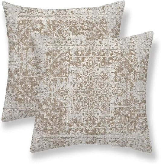 Boho Pillow Covers 24x24 Set of 2, Brown Beige Carpet Pattern Outdoor Decorative Throw Pillows Ethnic Rustic Farmhouse Cushion Cases Linen Gifts for Couch Sofa Decor