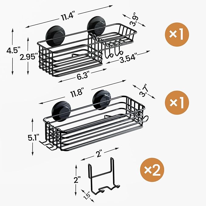 LEVERLOC Shower Caddy Suction Cup, 2 Pack Shower Shelves for Inside Shower with Hooks & Soap holder, NO-Drilling Bathroom Shower Organizer, Rustproof Meatl Shower Holder Storage, Black