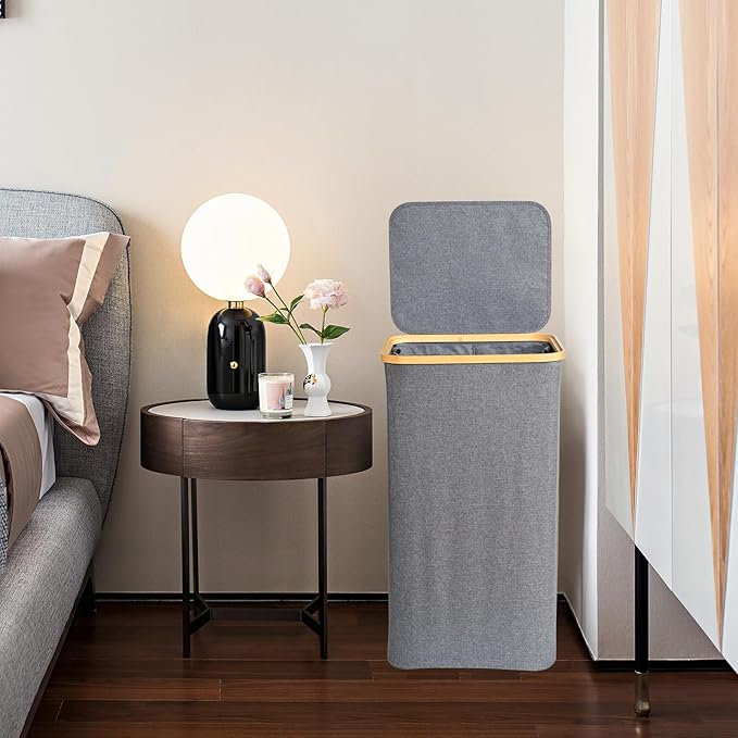 Foldable Laundry Hamper with Lid, Double Laundry Hamper, 3 Section Extra-large Laundry Basket with Bamboo Handles for Bathroom, Bedroom & Laundry Room, 160L Grey