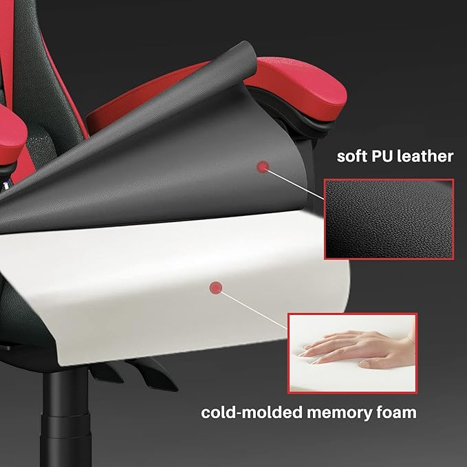 Gaming Chair High Back, Ergonomic Computer Gamer Chair with Headrest and Lumbar Support, Racing Style Reclining Game Chair for Adults, Kids (Red-Black)