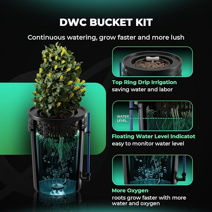 MARS HYDRO DWC Hydroponics Grow System 5 Gallon Deep Water Culture with Recirculating Drip Garden System 11W Air Pump, Multi-Purpose Air Hose, Air Stone, 4 Buckets and Top Drip Kit