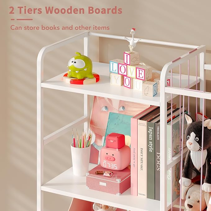 BBLIKE Stuffed Animal Storage - Stuffed Animal Net with Kids Bookshelf and Toy Organizer, 2-Tier White Bookshelf with Stuffed Animal Holder and Fabric Toy Chest for Kids Room, Playroom, Nursery, Pink