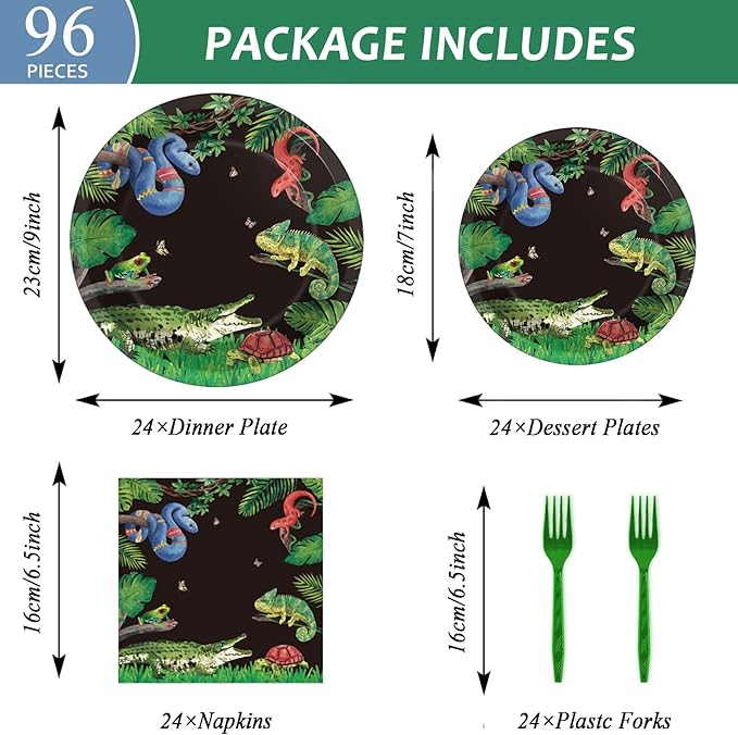 96 Pcs Reptile Snake Party Plates Napkins Tableware Set Lizard Birthday Party Supplies Disposable Paper Dinnerware Jungle Alligator Wildlife Theme Table Decoration Favors for Kids Birthday, 24 Guests