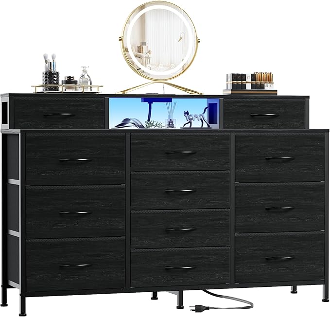 Furnulem 55" W Dresser for Bedroom with LED Lights and Power Outlets,Black Large 12 Storage Drawers Long Fabric Chests Dressers with 2 Shelves for Closet,Living Room,Entryway,Wooden Top,Metal Frame