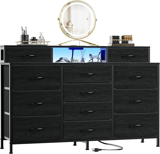 Furnulem 55" W Dresser for Bedroom with LED Lights and Power Outlets,Black Large 12 Storage Drawers Long Fabric Chests Dressers with 2 Shelves for Closet,Living Room,Entryway,Wooden Top,Metal Frame