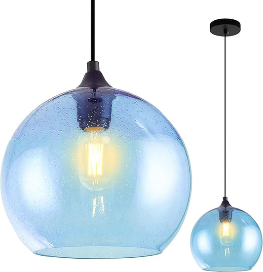 Blue Pendant Lights Kitchen Island Lighting Modern Globe Hand Blown Glass Pendant Light Ceiling Hanging Light fixtures for Kitchen Island Bedroom Living Dining Room Light Fixture-11.8in