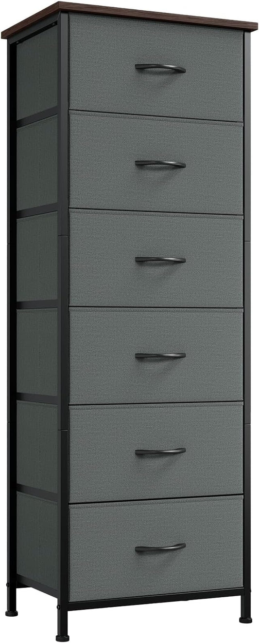 Somdot Tall Dresser for Bedroom with 6 Drawers and Side Pockets, Storage Organizer Chest of Drawers with Fabric Bins for Closet Bedside Nursery Living Room Entryway Hallway, Charcoal Grey