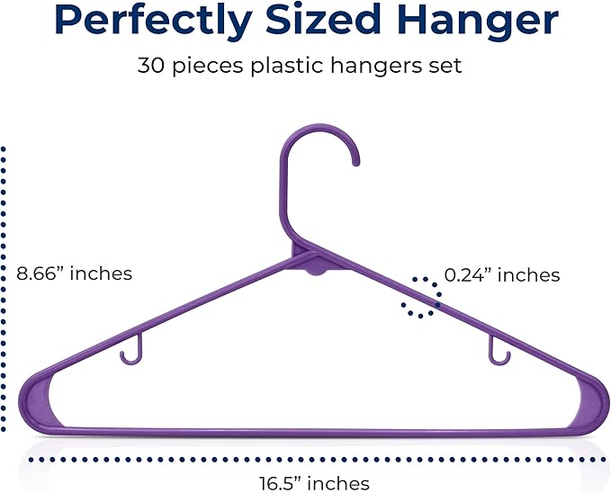 SereneLife 30 Pack Plastic Clothes Hangers – Non-Slip, Heavy Duty Adult Coat Hanger Set with 360° Swivel Hook – Slim, Space-Saving Closet Organizers for Shirts, Pants & Jackets – Purple