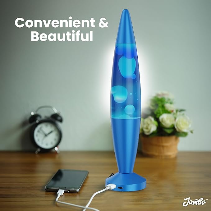 JAMBO Beautiful Liquid Lamp with USB Ports,16" Motion Light with Blue Liquid White Wax, Relaxing Nightlight, Mood Light for Bedroom, Living Room, Office - Adults, Teens, Kids