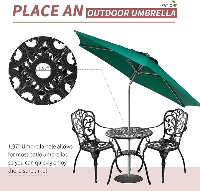Outdoor Bistro Table and Chairs Set of 2, Outdoor Bistro Set 3 Piece with Umbrella Hole, Black Patio Bistro Sets Cast Aluminum for Balcony Porch Yard