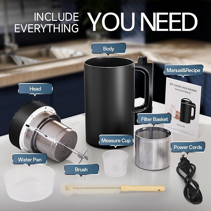 50oz Almond Milk Maker Machine (Built-in Filter) Make Plant Based Milk, Soup & Juice, 6-7 Cups Per Batch, 304 Stainless Steel, 5.3 lb, Automatic Cleaning, 8-IN-1 Nut Milk Maker for Soy & Oat (Black)