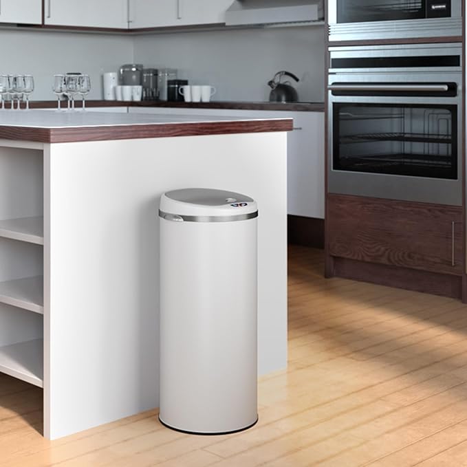 iTouchless 13 Gallon Trash Can with Odor Filter, Round White Stainless Steel Trashcan Garbage Bin for Home Office Work Bedroom Living Room Garage Large Capacity Slim Wastebasket